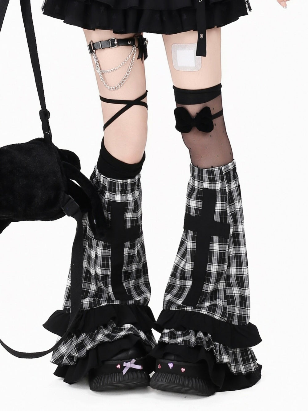 Black Plaid Cross Ruffle Leg Warmers