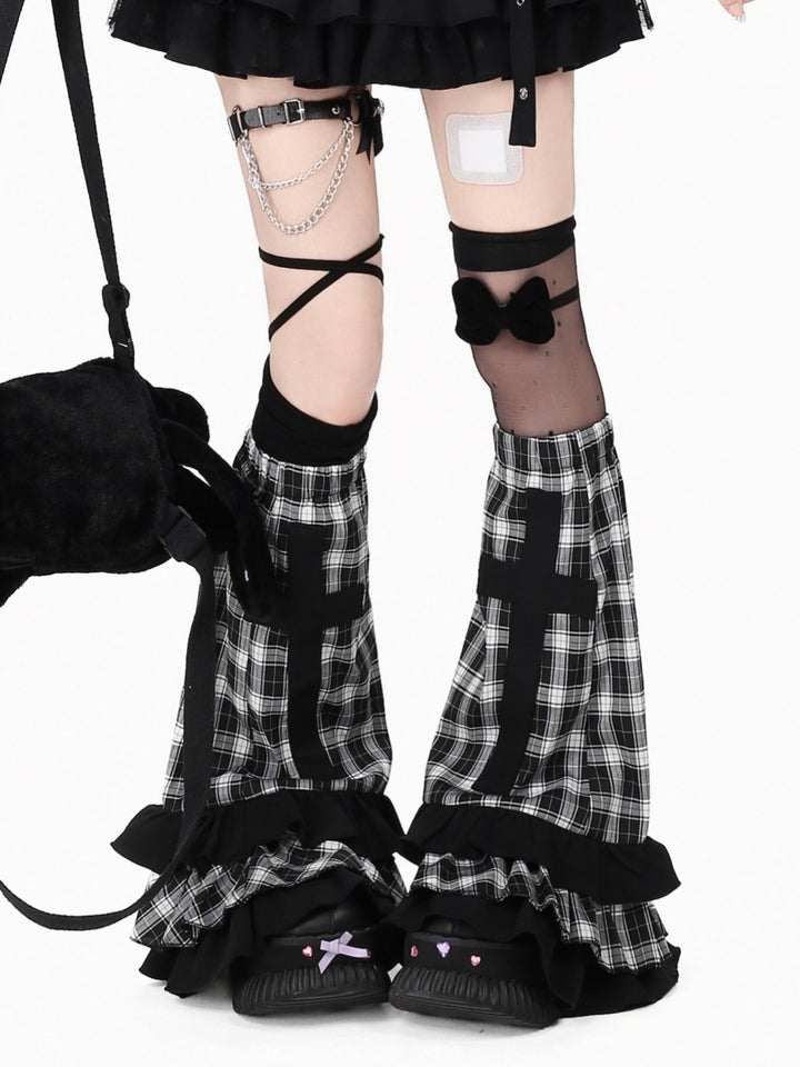 Black Plaid Cross Ruffle Leg Warmers