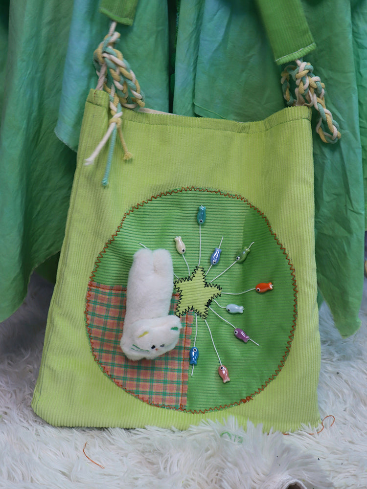 Cat Patch and Fish Beads Green Crossbody Bag