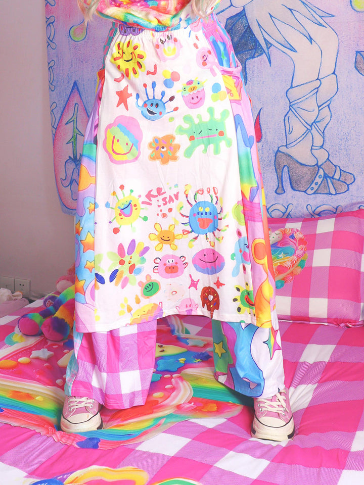 Kawaii Doodle Patchwork Midi Skirt