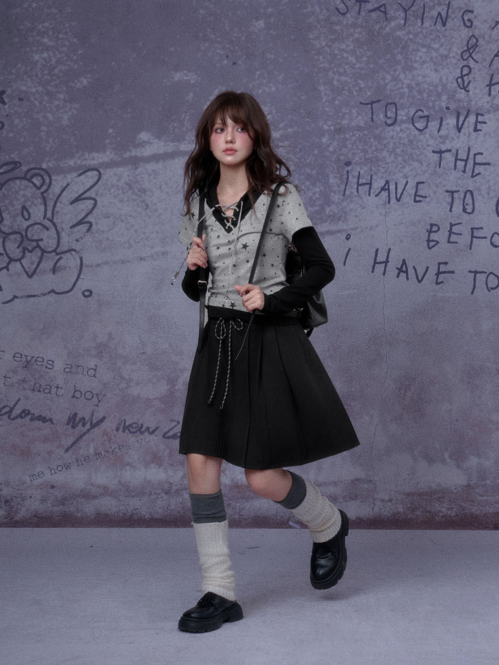 Black Contrast Waist Pleated Midi Skirt