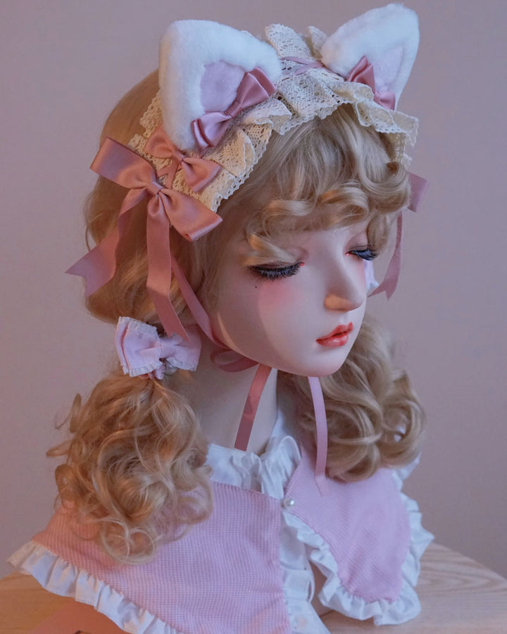 Pink and White Cat Ear Bow Headband