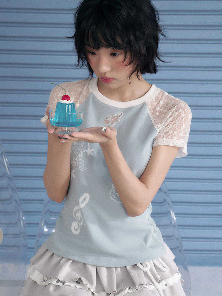 Pastel Blue Lace Sleeve Star Graphic Raglan Top