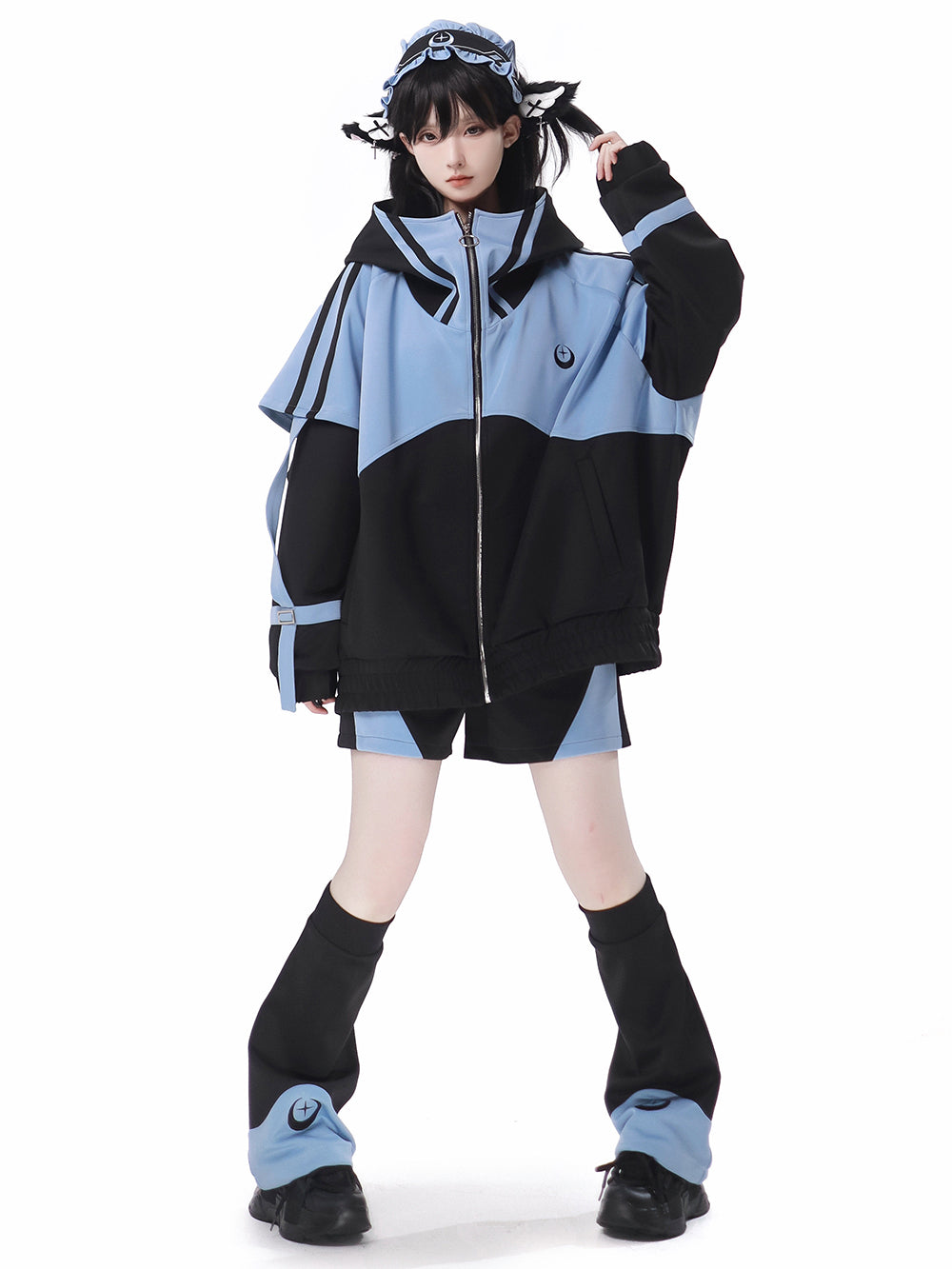 Cyber Y2K Color Block Jacket Shorts Pants Leg Warmers Headband
