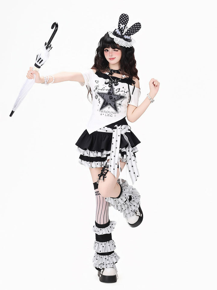 Star Print Ruffle Mini Skirt with Leg Warmers