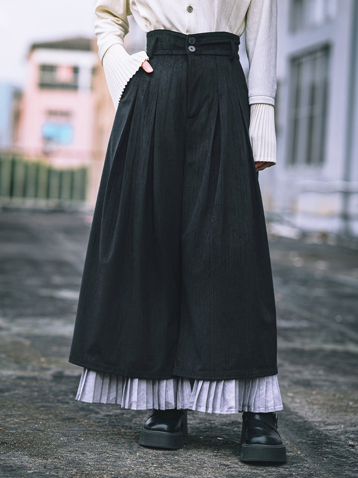 Chinese Style Double-Layer Pleated Black High-Waisted Wide-Leg Pant