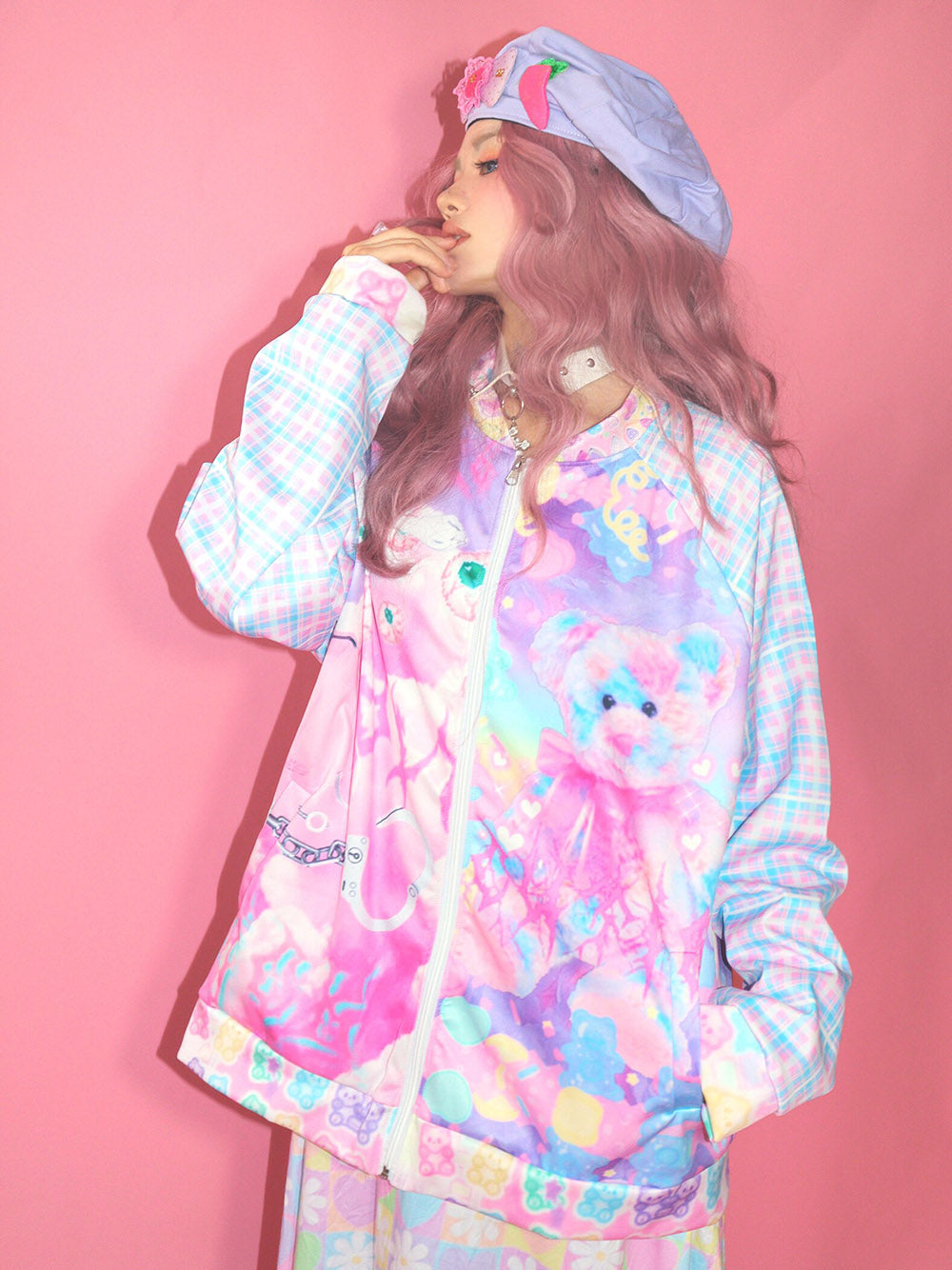 Pastel Teddy Bear Print Zip Jacket