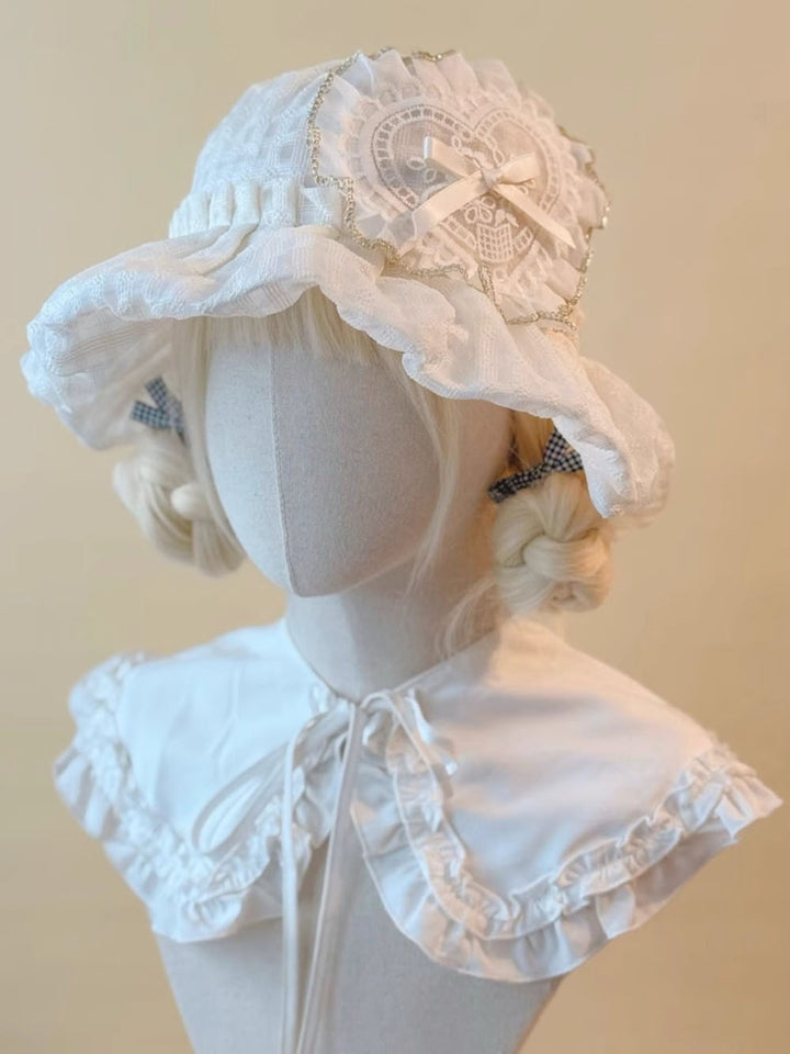 White Lace Heart Bow Ruffle Bucket Hat
