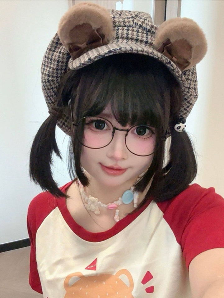 Brown Houndstooth Bear Ear Beret
