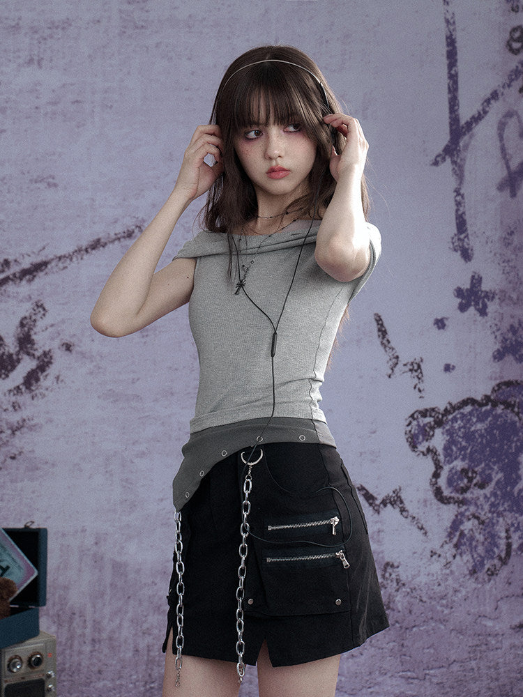 Subcul Grunge Off-Shoulder Asymmetric Ribbed Top