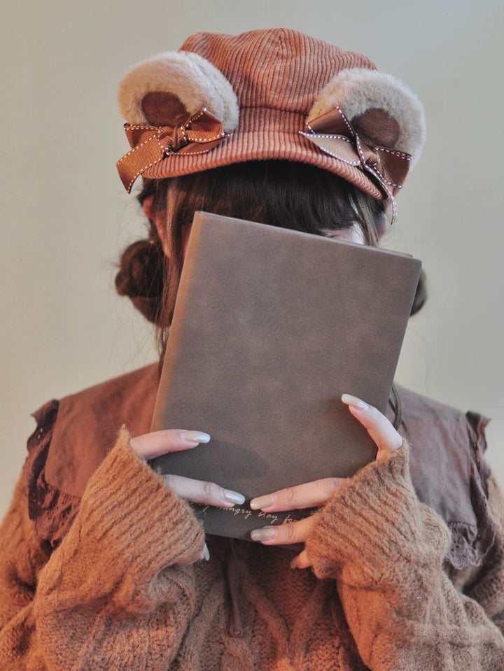 Velvet Bear Ear Corduroy Newsboy Cap with Bow