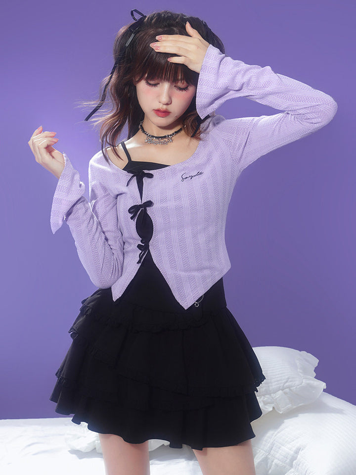 Spring Purple Flared Long-Sleeve Slim-Fit Short Top