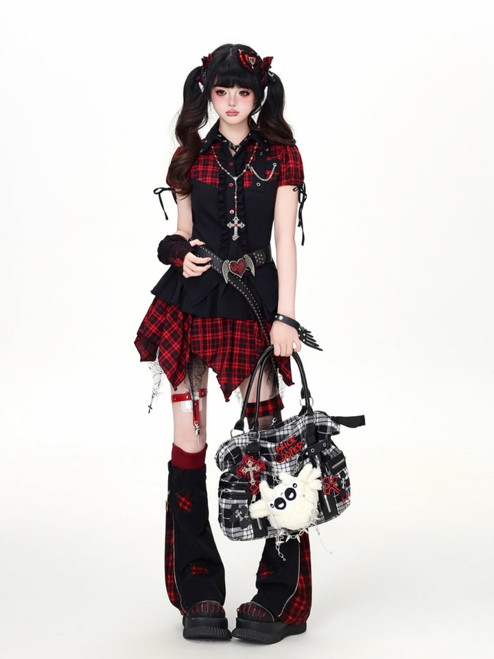 Gothic Red Plaid Top Skirt