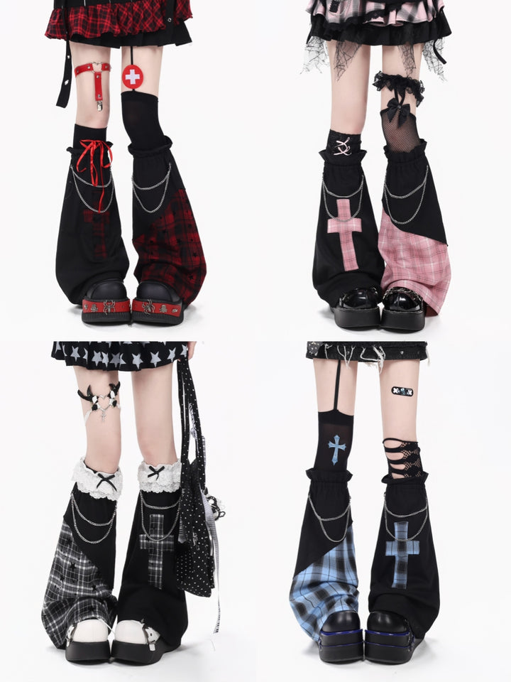 Asymmetric Plaid Cross Patch Goth Leg Warmers