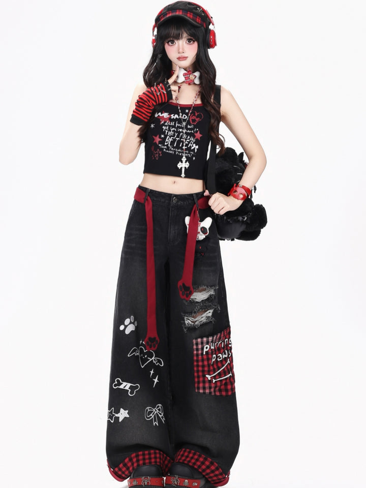 Purring Paws Distressed Plaid Cuff Wide Leg Jeans