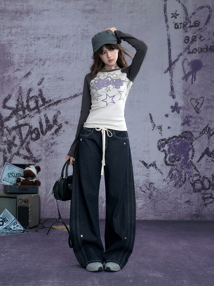 Dark Wash Star Drawstring Wide Leg Jeans