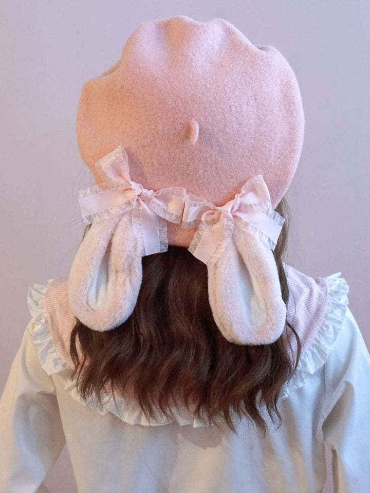 Pink Bunny Ear Bow Wool Beret