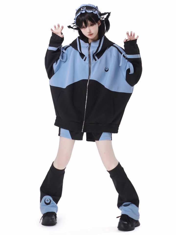 Cyber Y2K Color Block Jacket Shorts Pants Leg Warmers Headband