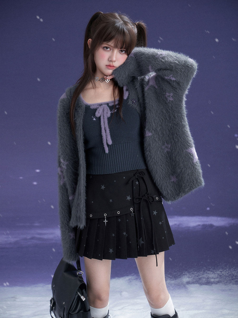 Black Star Charm Bow Pleated Mini Skirt