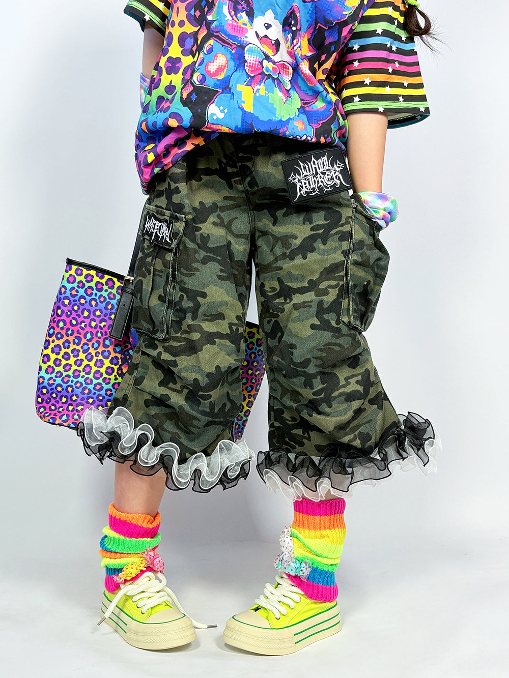 Camo Ruffle Hem Cargo Pants