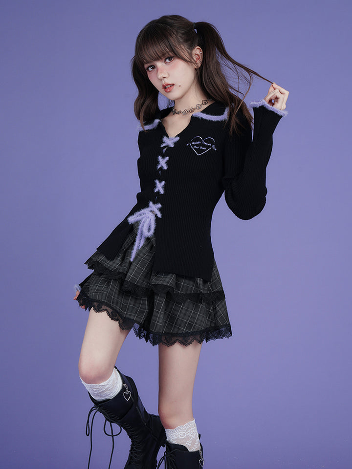 Black and Purple Sweet Cool Slim-Fit Knit Cardigan