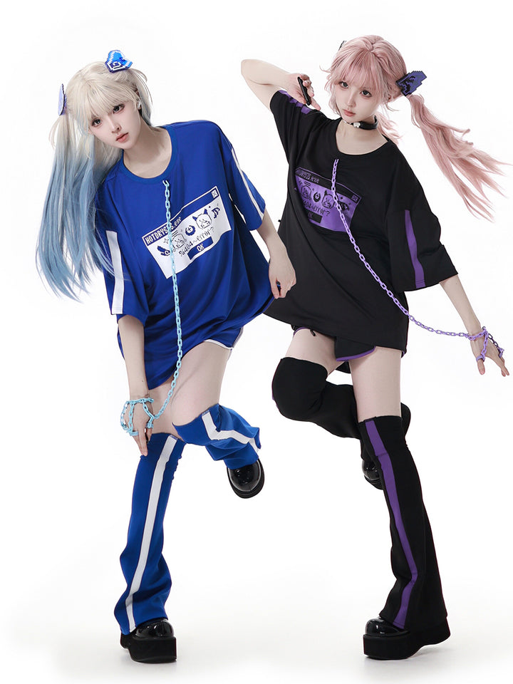 Cyber Y2K Pixel Tee Shorts Leg Warmers Hair Clip