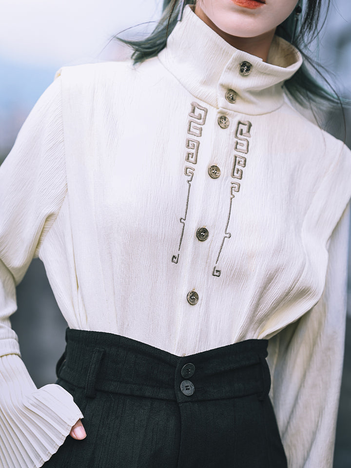 Chinese-style Embroidered Pleated Sleeve Stand Collar Shirt