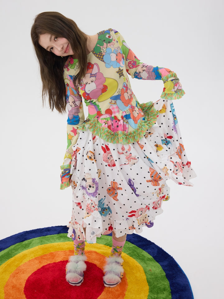 Cute Polka Dot Animal Ruffle Skirt