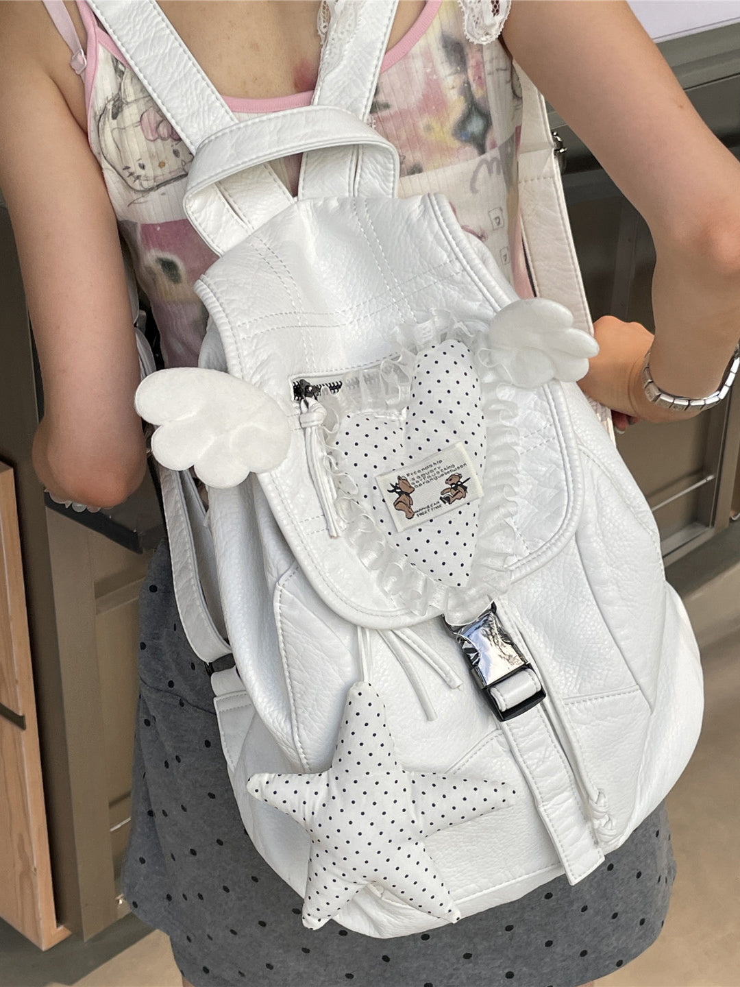 White Faux Leather Heart Angel Wings Backpack