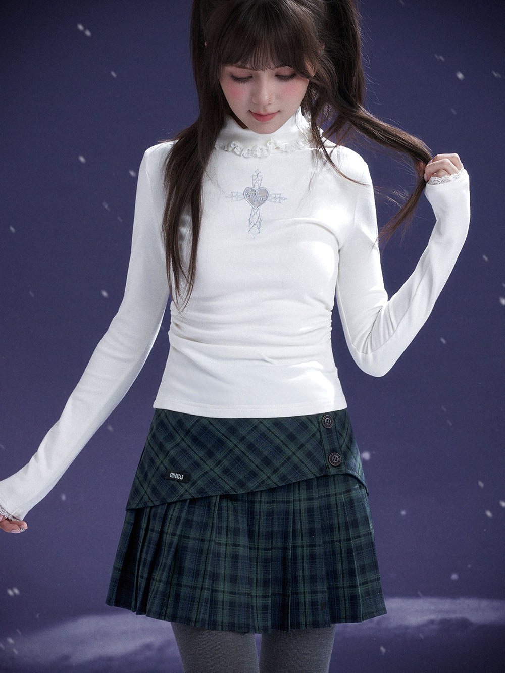 Dark Green Plaid Button Pleated Mini Skirt