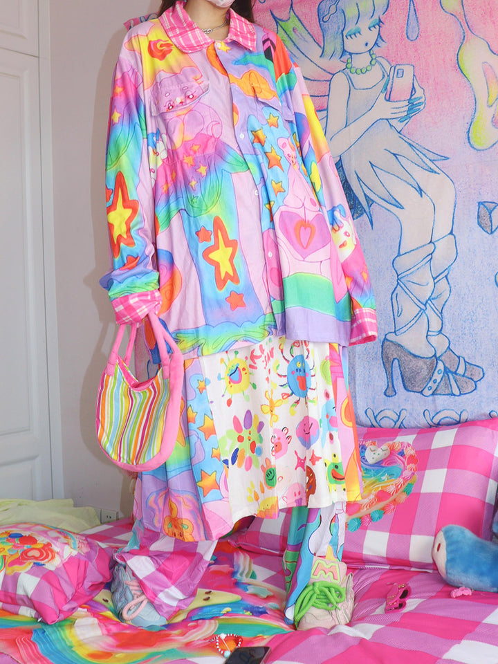 Pastel Bear Rainbow Button Up Shirt