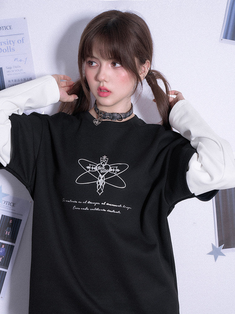 Black White Faux Two Piece Long Sleeve Casual Sweatshirt