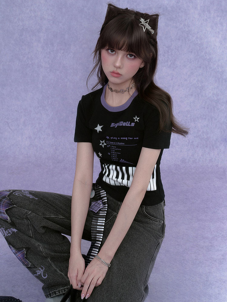 Y2K Piano Star Graphic Baby T-shirt