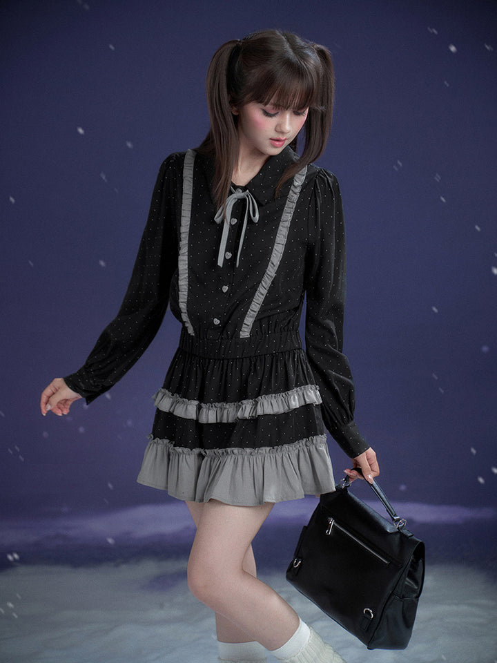 Dark Gray Polka Dot Ruffle Preppy Shirt Dress