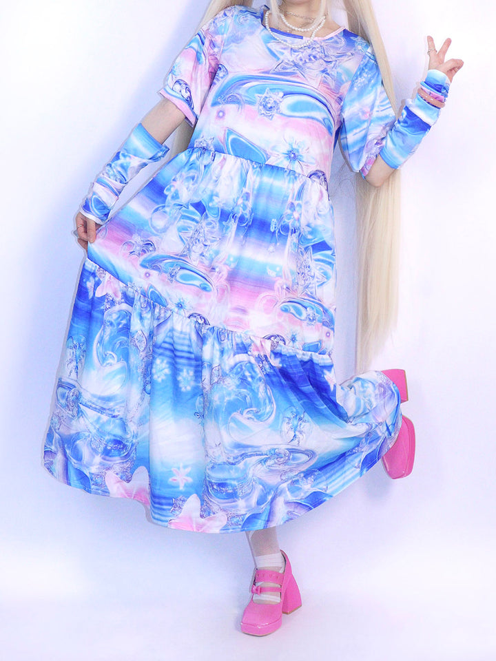 Blue Pastel Abstract Tiered Midi Dress