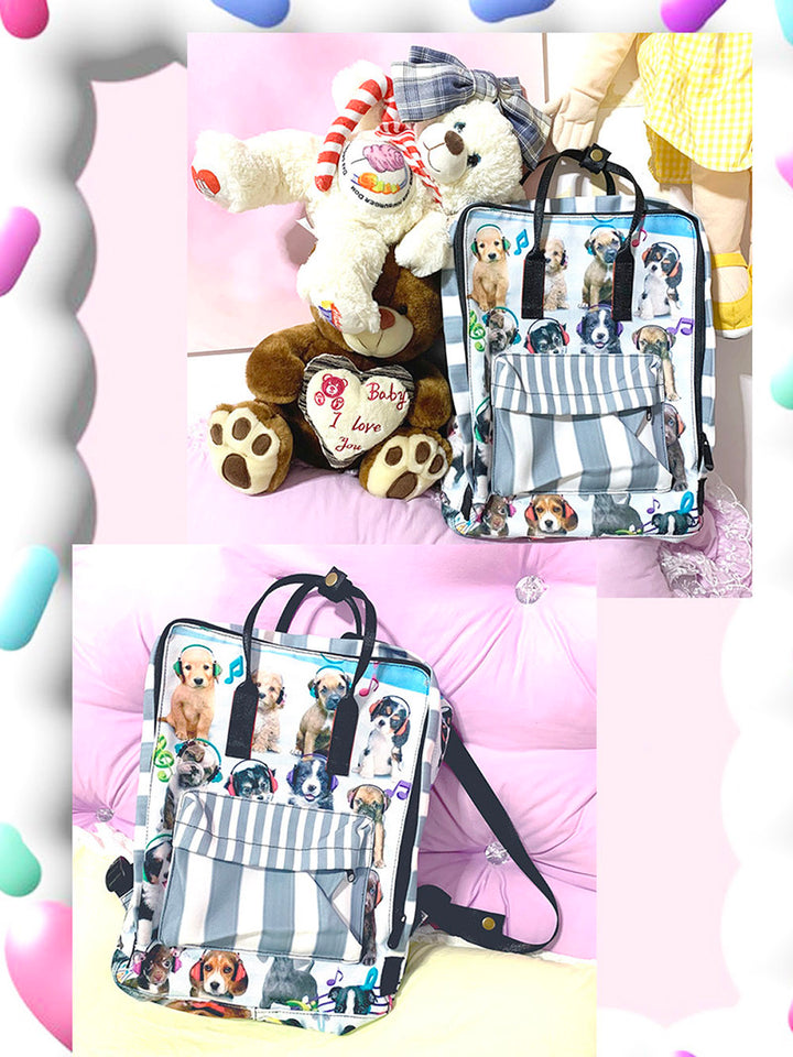 Puppy Print Striped Pocket Backpack