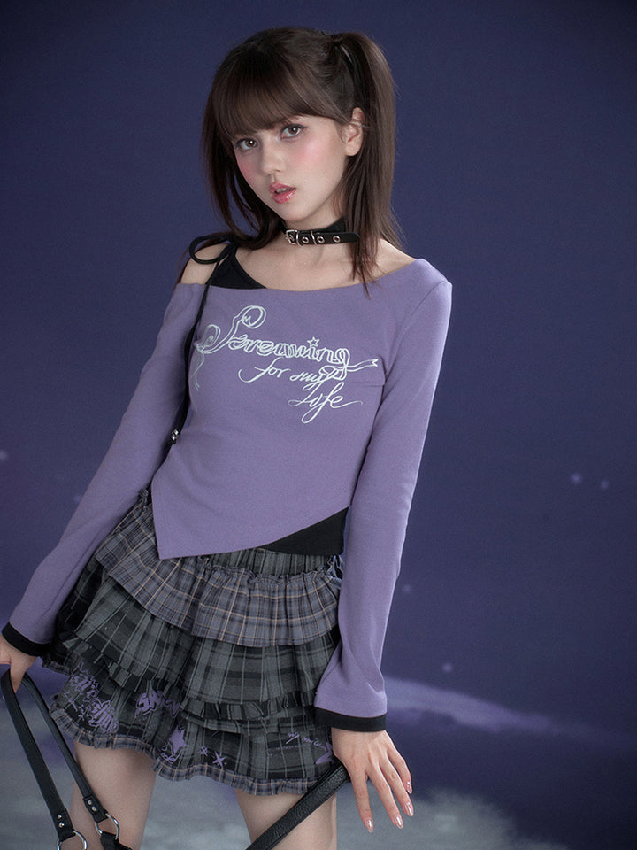 Purple Letter Print Layered Style Long Sleeve Top