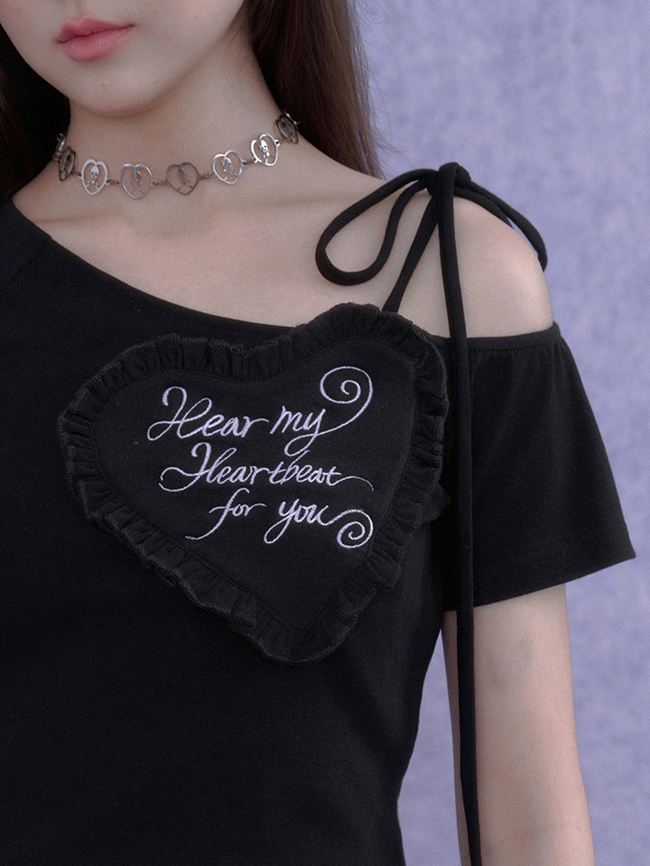 Asymmetric Heart Ruffle Embroidery Tee