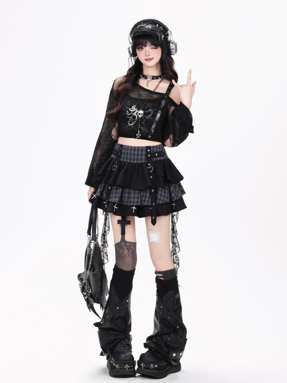 Plaid Cross Trim Tiered Mini Skirt