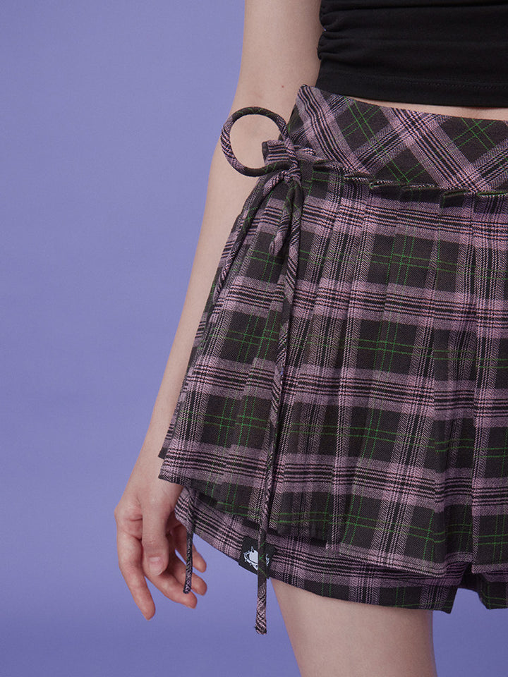 Pink Green Plaid Layered Mini Skirt
