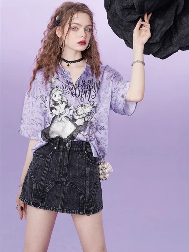 Fairy Printed Loose Satin Chiffon Short Sleeve Shirt for Summer