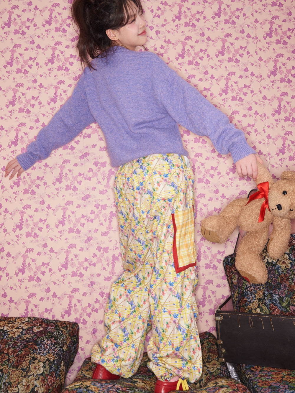 Yellow Floral Plaid Wide Leg Pants
