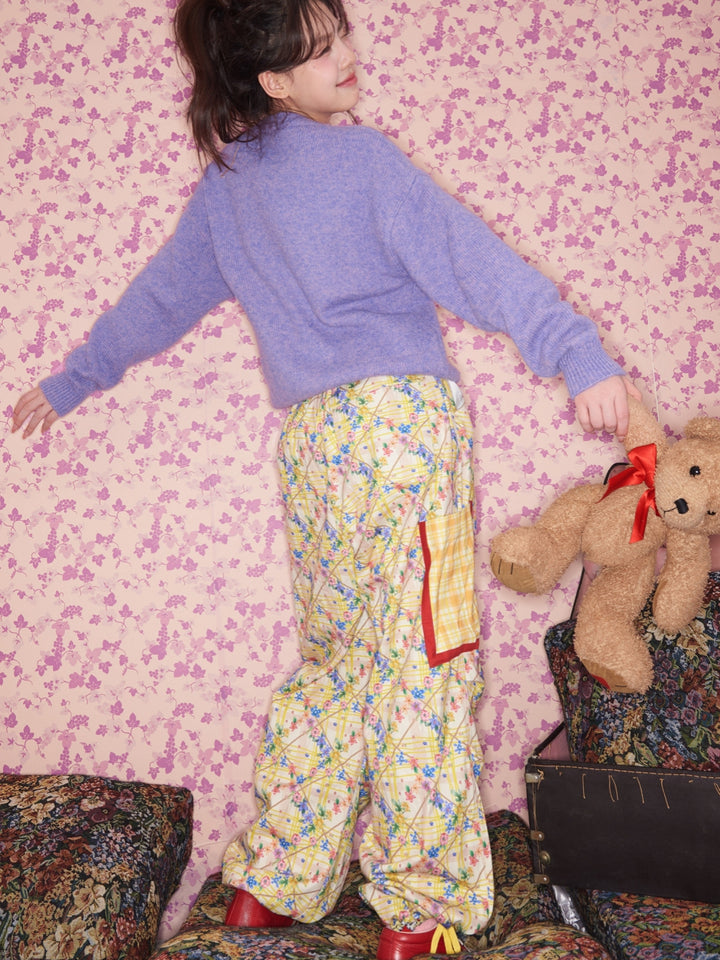 Yellow Floral Plaid Wide Leg Pants