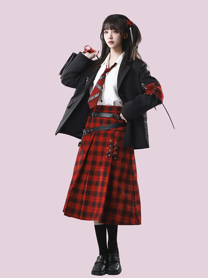 Gothic Red Plaid Double Belt Skirt