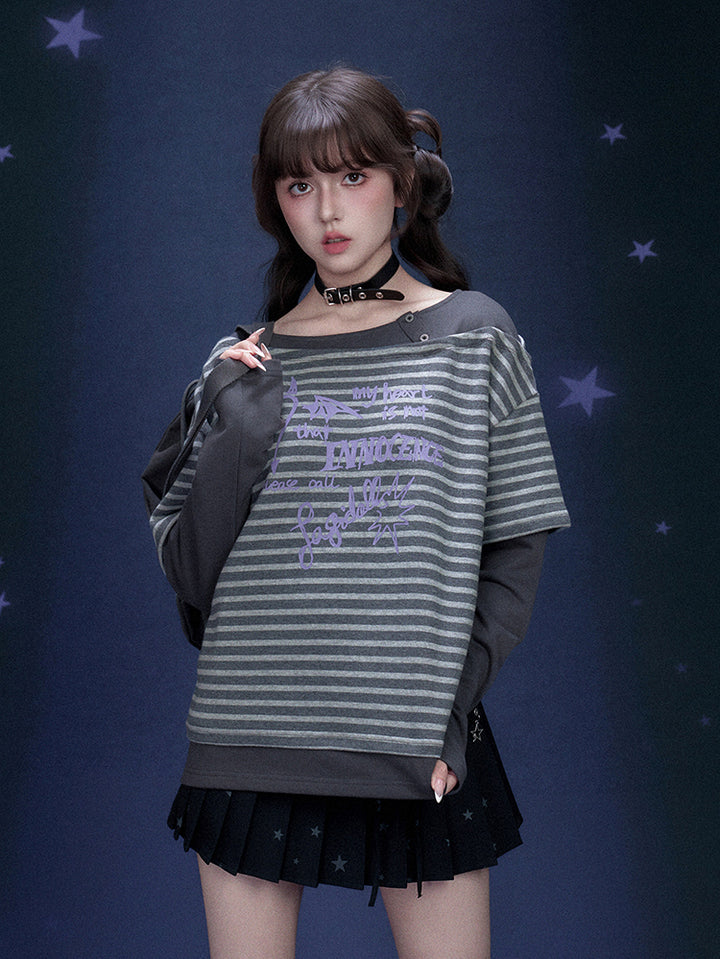 Street Striped Graffiti Print Faux Two Piece Top