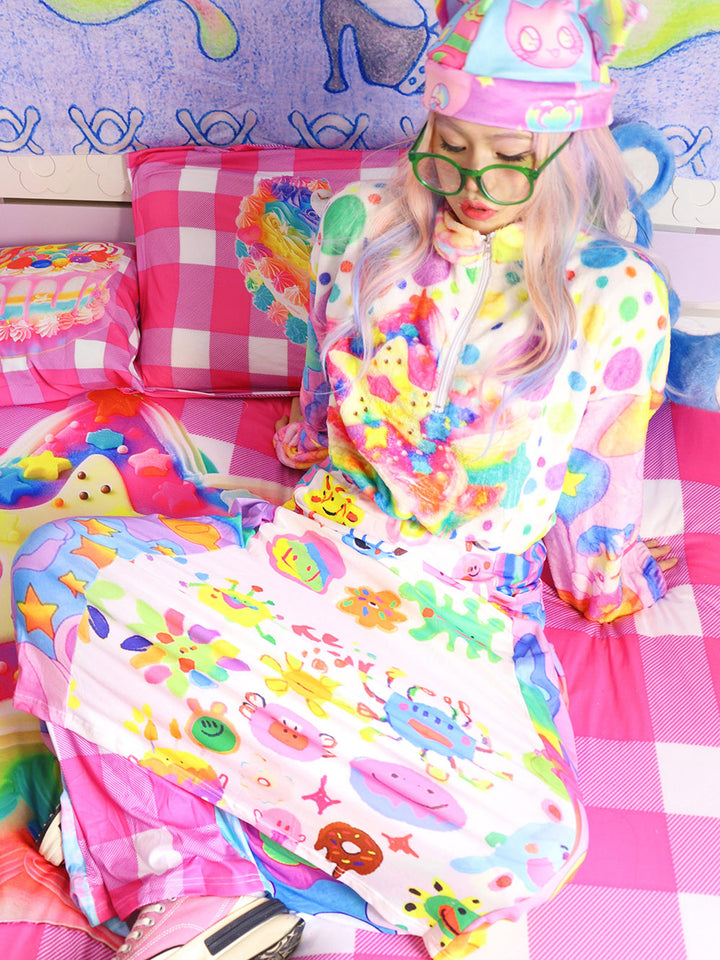 Pastel Star Print Fuzzy Half Zip Pullover