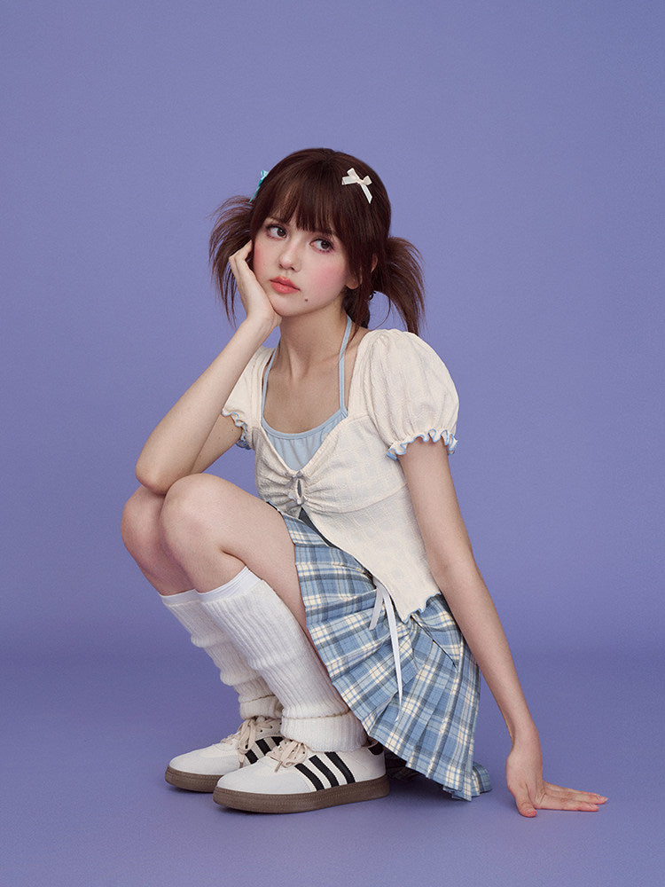 Blue Plaid Lace Up Pleated Skort