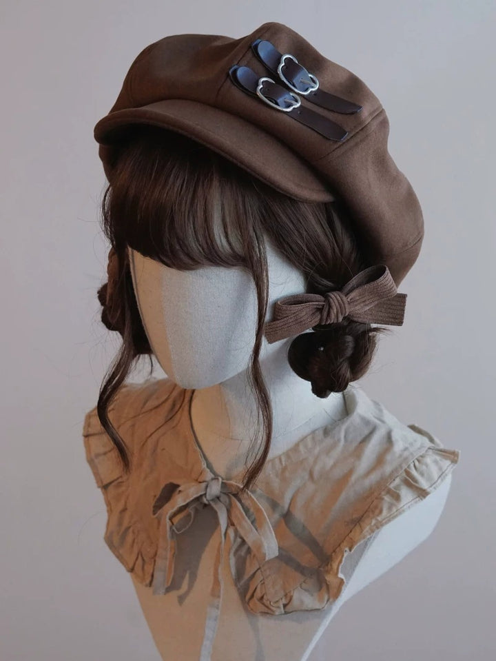 Brown Leather Buckle Beret