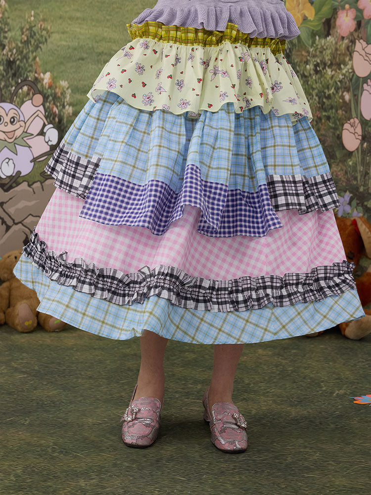 Pastel Plaid Tiered Midi Skirt