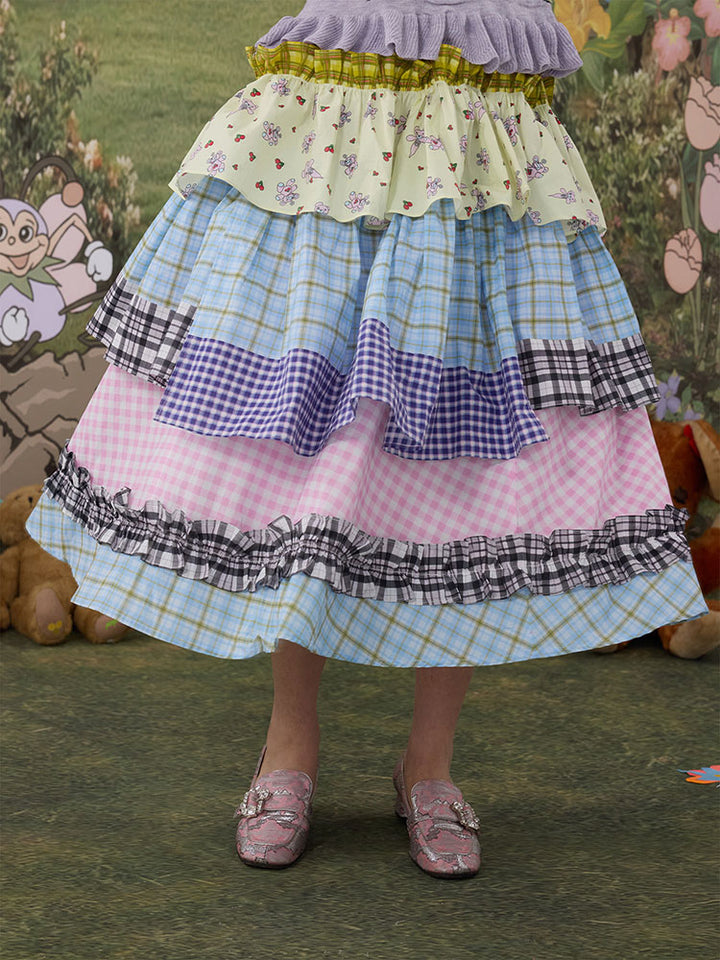 Pastel Plaid Tiered Midi Skirt